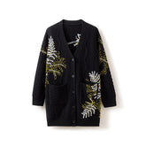 V-neck Mid-Length Hand-Embroidered Color Block Loose Cardigan
